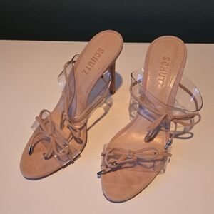 Schutz Nude And Pvc Slip On Mule Heels Sandals  Size 7.5